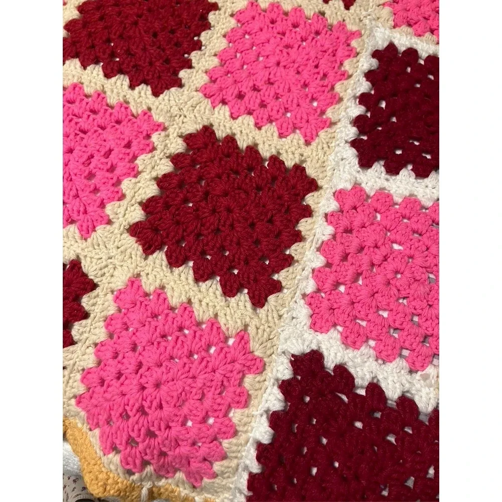 Handmade Crochet Granny Square Blanket Unisex 42x49 Pink Red Beige Cottage Throw